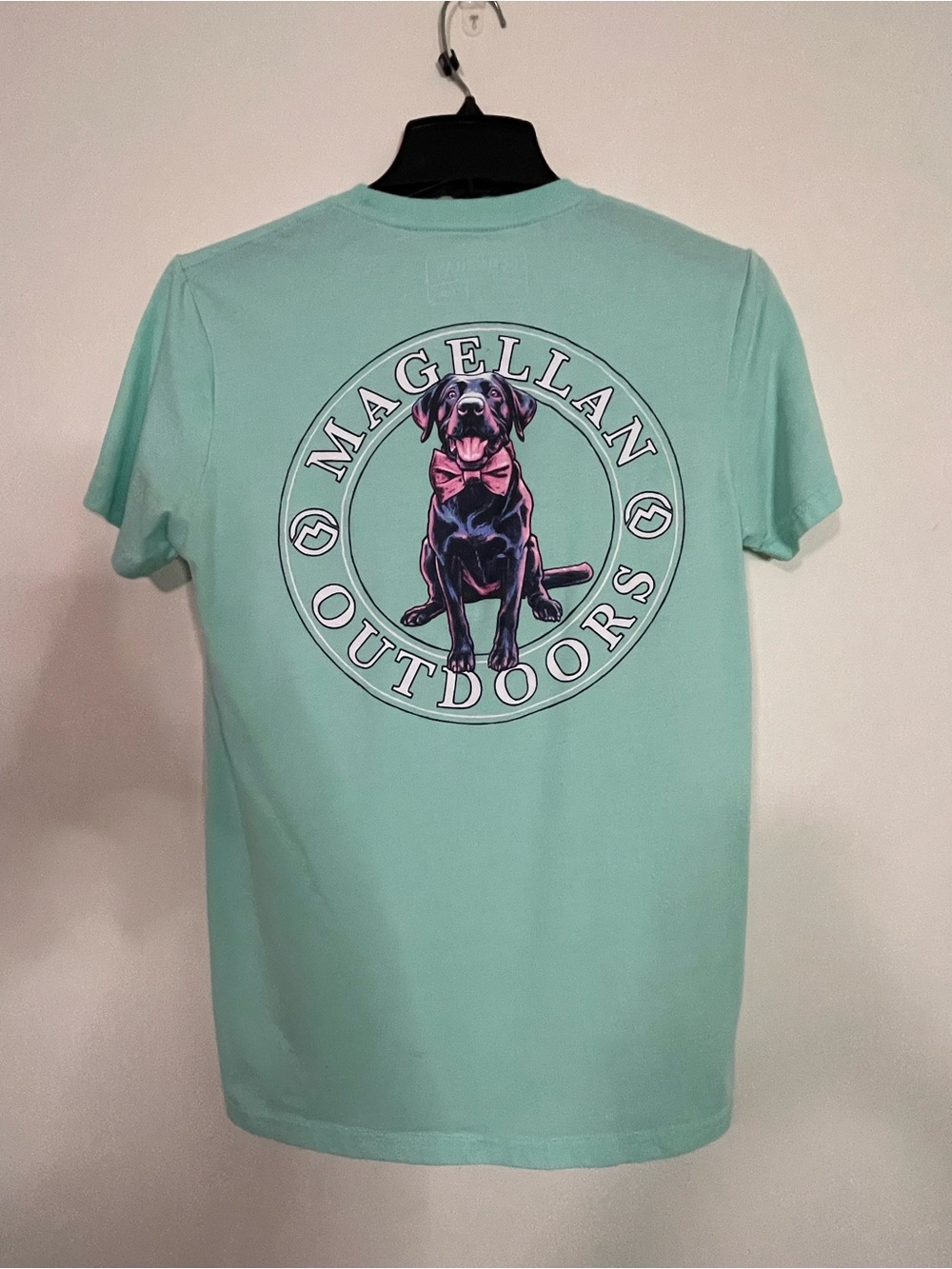 Magellan Outdoors Mint Green Dog Graphic Tee with Black Dog & Pink Bow